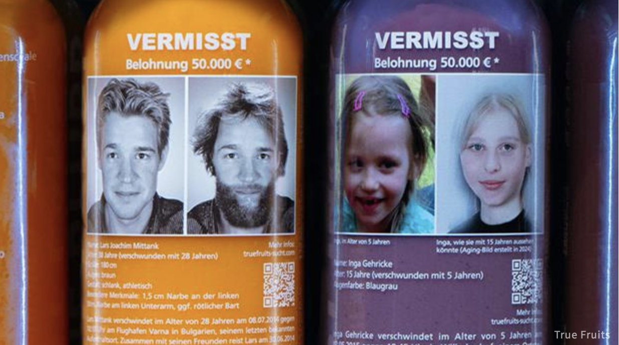 Vermisstenanzeige auf Flaschen